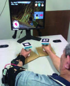 A stroke patient using the Neurorehabilitation Toolkit (NTT), a VR upper limb motor rehabilitation system for training bimanual coordination