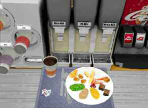 Figure 2: Screen shot from the Immersive Virtual Environment Testing Area featuring the VR model of a buffet restaurant. 