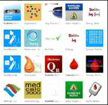 Figure 1: The colorful icons of some diabetes-related apps available for Windows Phone 7 in the Windows Phone Marketplace.